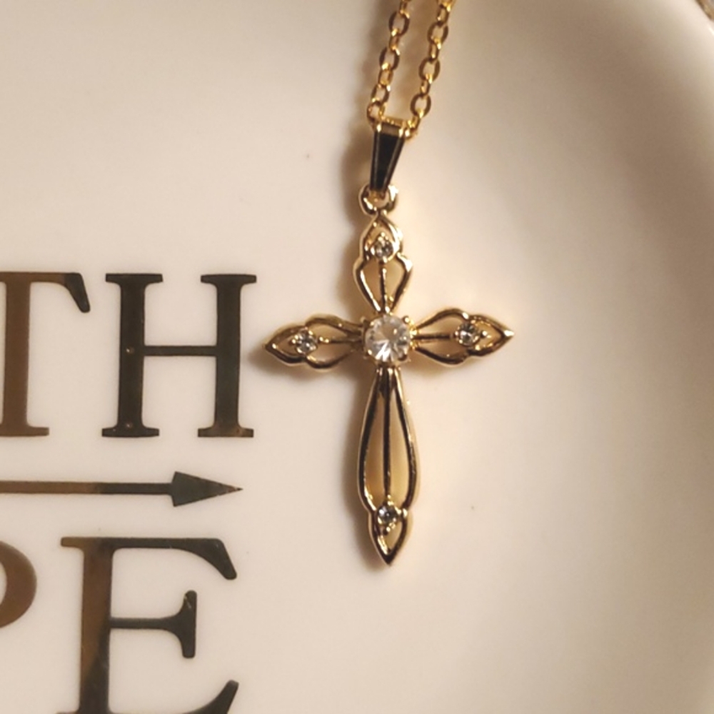 Pier 1 Trinket Dish with Goldtone Cross Necklace - Picture 3 of 6